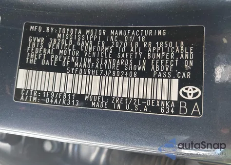 2018 Toyota Corolla Le из США, поврежденный, VIN 5YFBURHE7JP802408